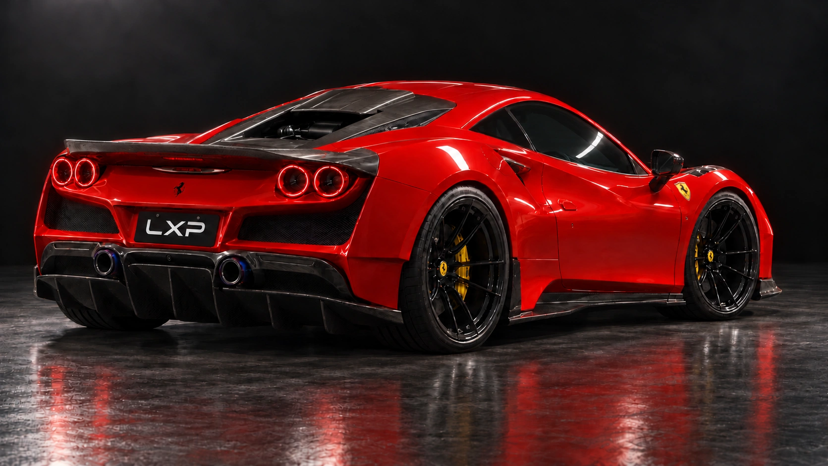 Red Ferrari F8 Tributo with NOVITEC N-LARGO bodywork: Low rear three-quarter
