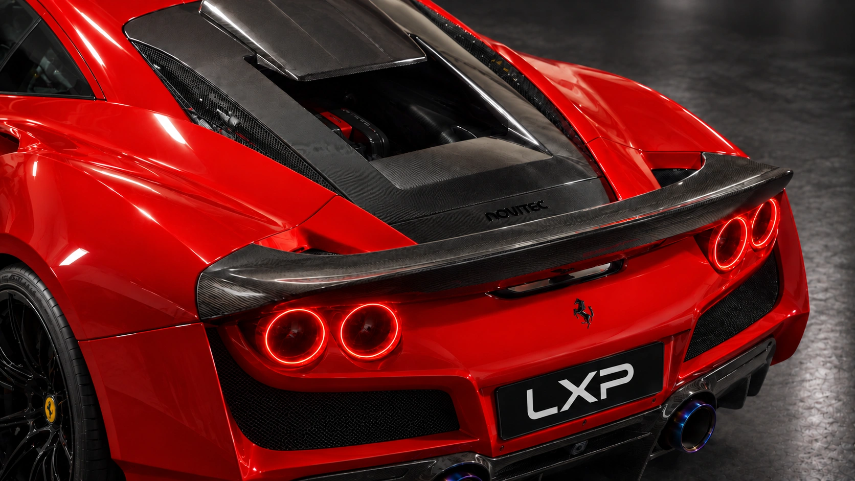 Red Ferrari F8 Tributo with NOVITEC N-LARGO bodywork: Upper rear detail
