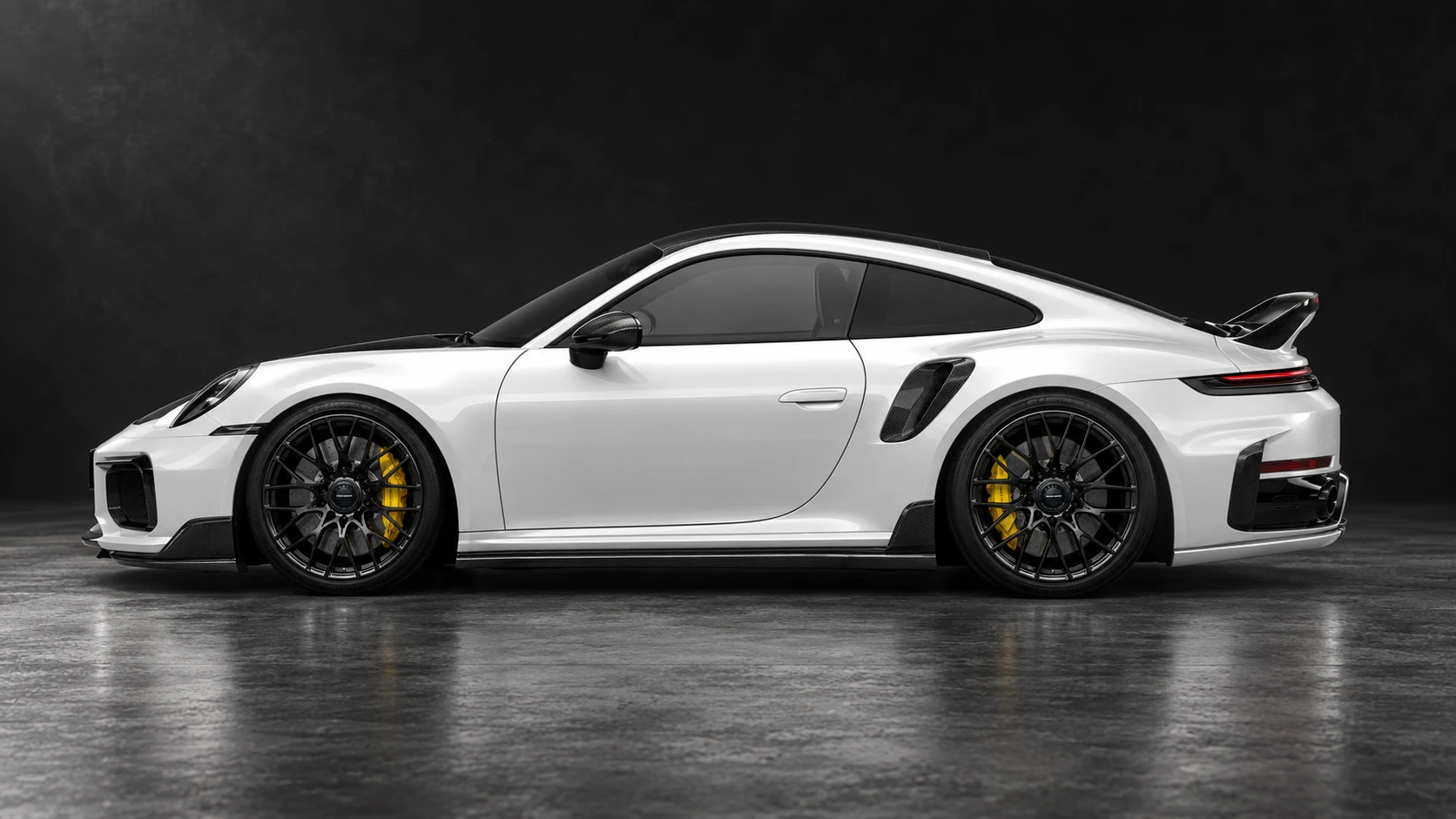 Pearl-white Porsche 911 Turbo S 992.2 with TECHART carbon aero and black Formula IX wheels: Side profile