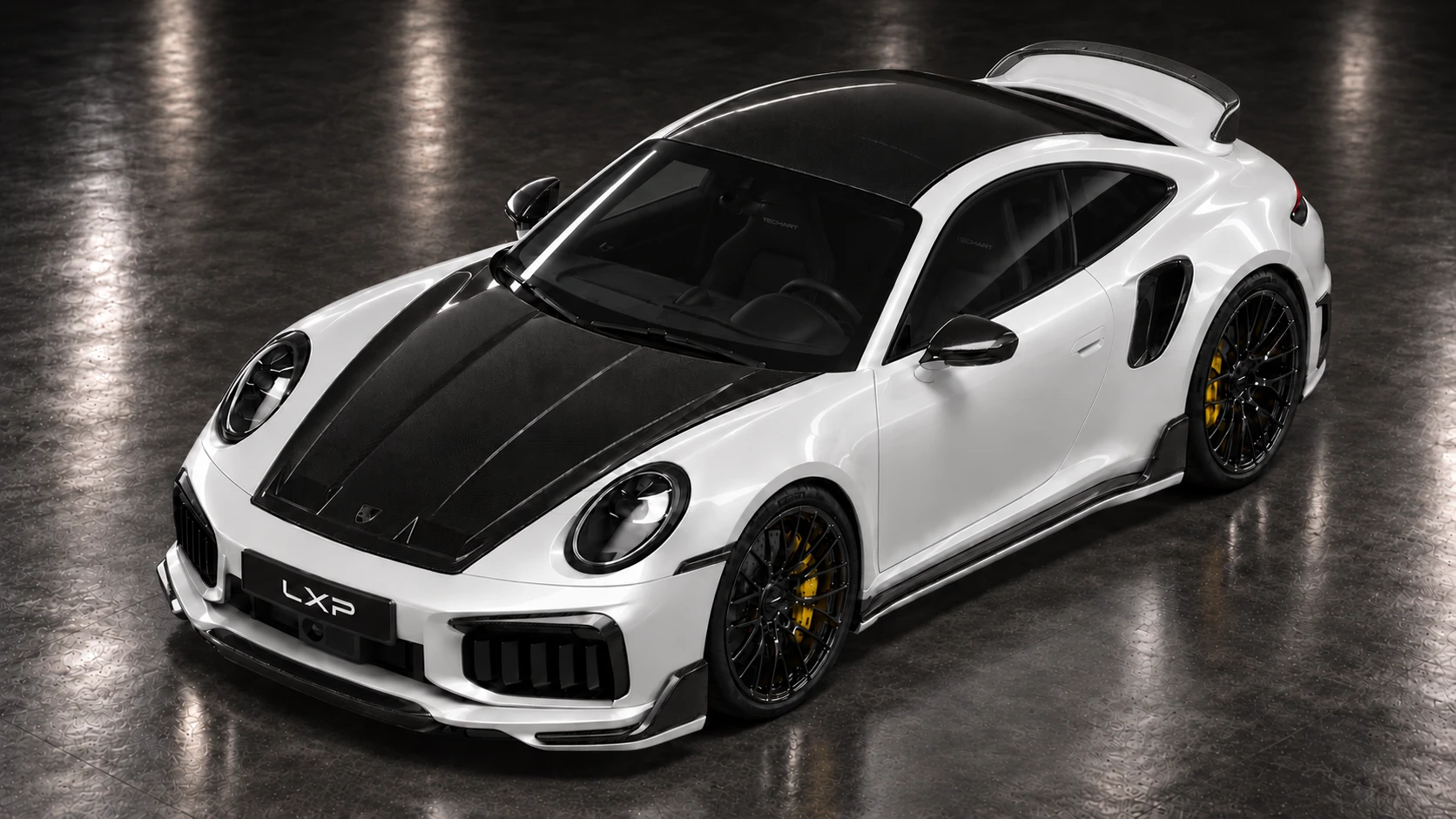 Pearl-white Porsche 911 Turbo S 992.2 with TECHART carbon aero and black Formula IX wheels: Elevated front three-quarter