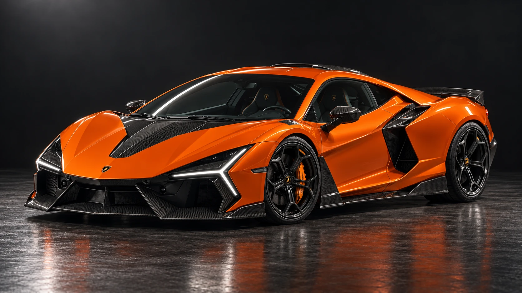 Orange Lamborghini Revuelto with NOVITEC carbon aero and Valvetronic exhaust: Low front three-quarter