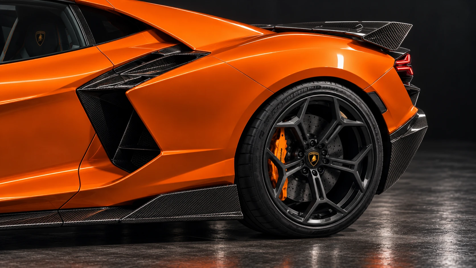 Orange Lamborghini Revuelto with NOVITEC carbon aero and Valvetronic exhaust: Rear wheel & body
