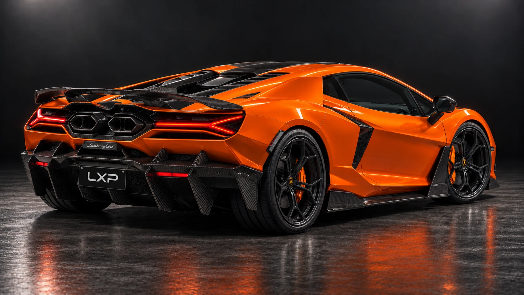 Orange Lamborghini Revuelto with NOVITEC carbon aero and Valvetronic exhaust: Low rear three-quarter