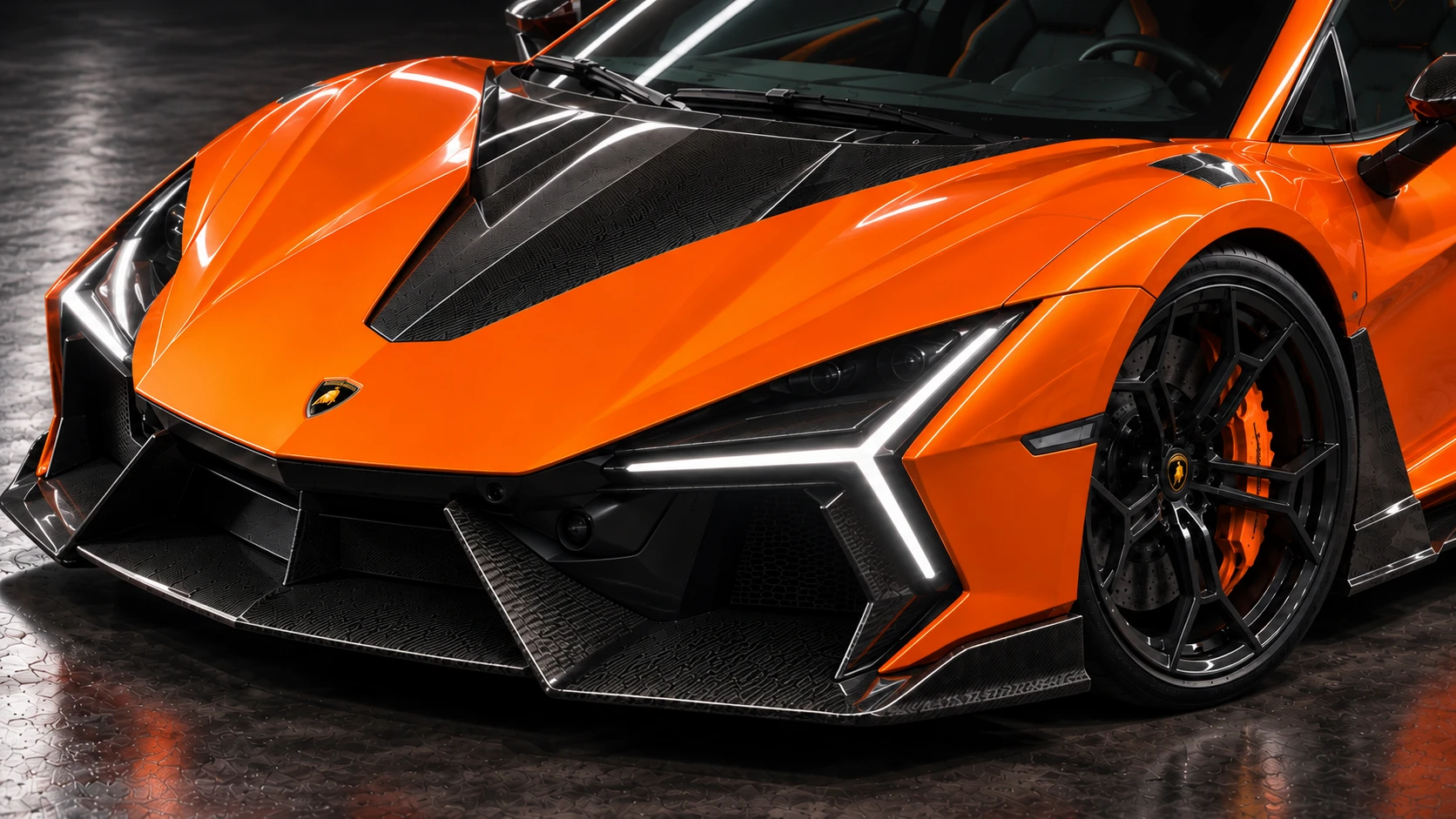 Orange Lamborghini Revuelto with NOVITEC carbon aero and Valvetronic exhaust: Front corner