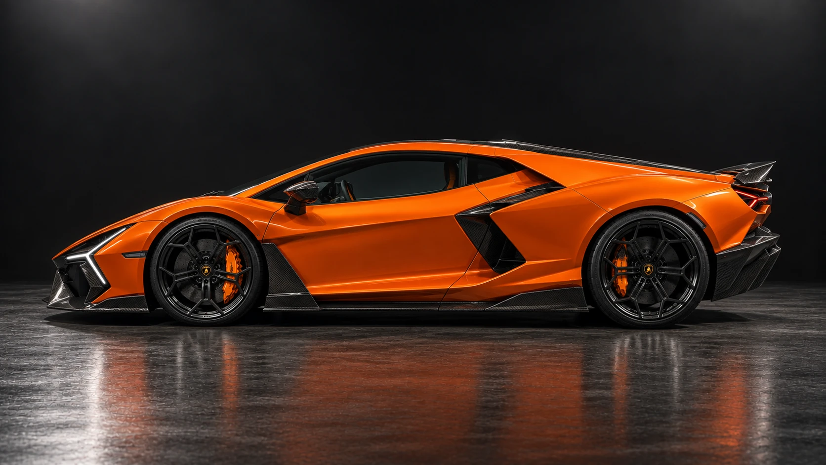 Orange Lamborghini Revuelto with NOVITEC carbon aero and Valvetronic exhaust: Side profile