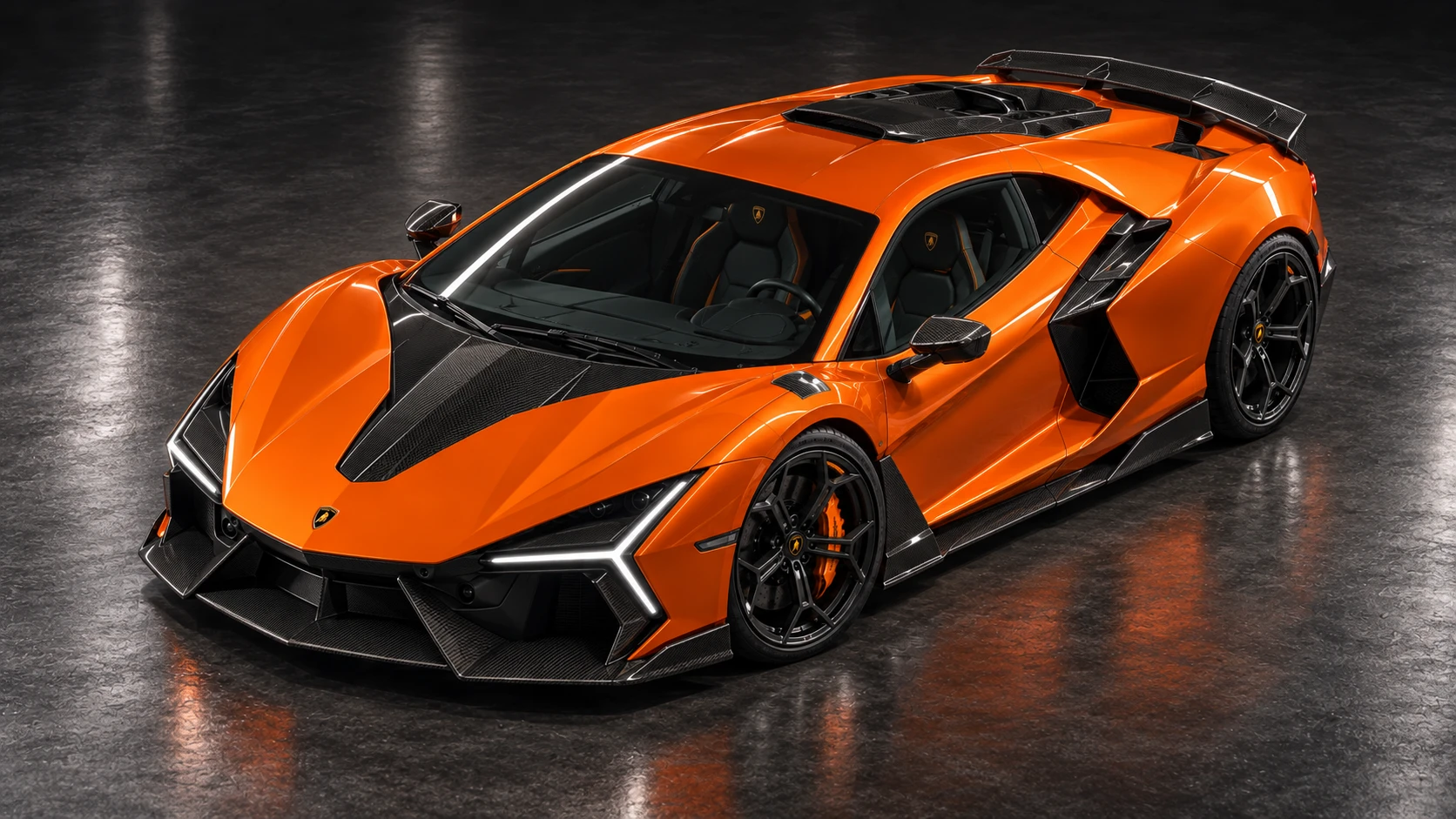 Orange Lamborghini Revuelto with NOVITEC carbon aero and Valvetronic exhaust: Elevated front three-quarter