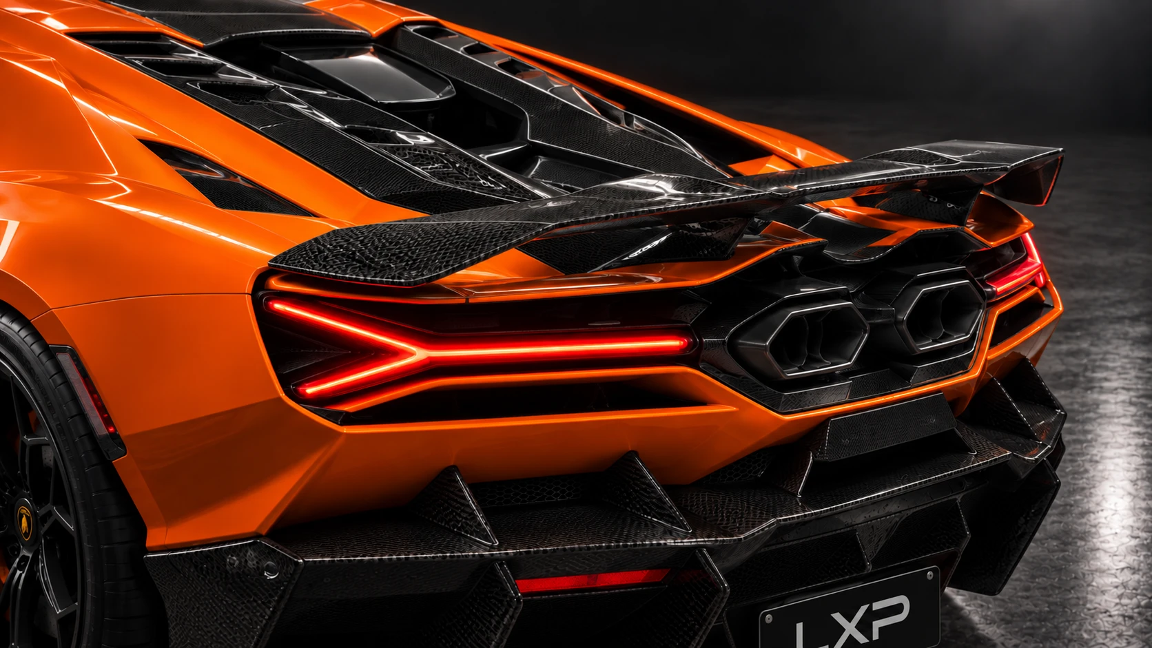 Orange Lamborghini Revuelto with NOVITEC carbon aero and Valvetronic exhaust: Upper rear detail
